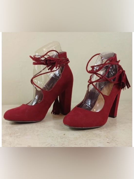 Rouge Helium Shoes - Rouge Helium Red Suede Lace-Up Block Heel Pumps